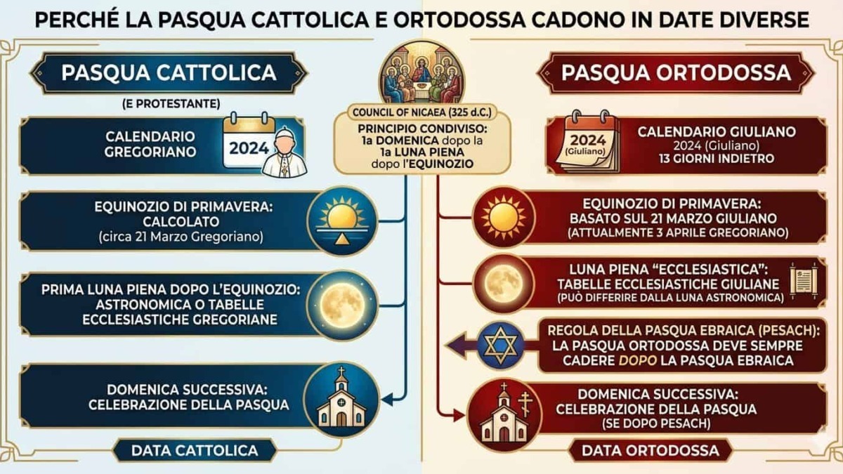 Pasqua cattolica e ortodossa cadono in date diverse a causa di diversi calcoli ecclesiastici e calendari utilizzati.