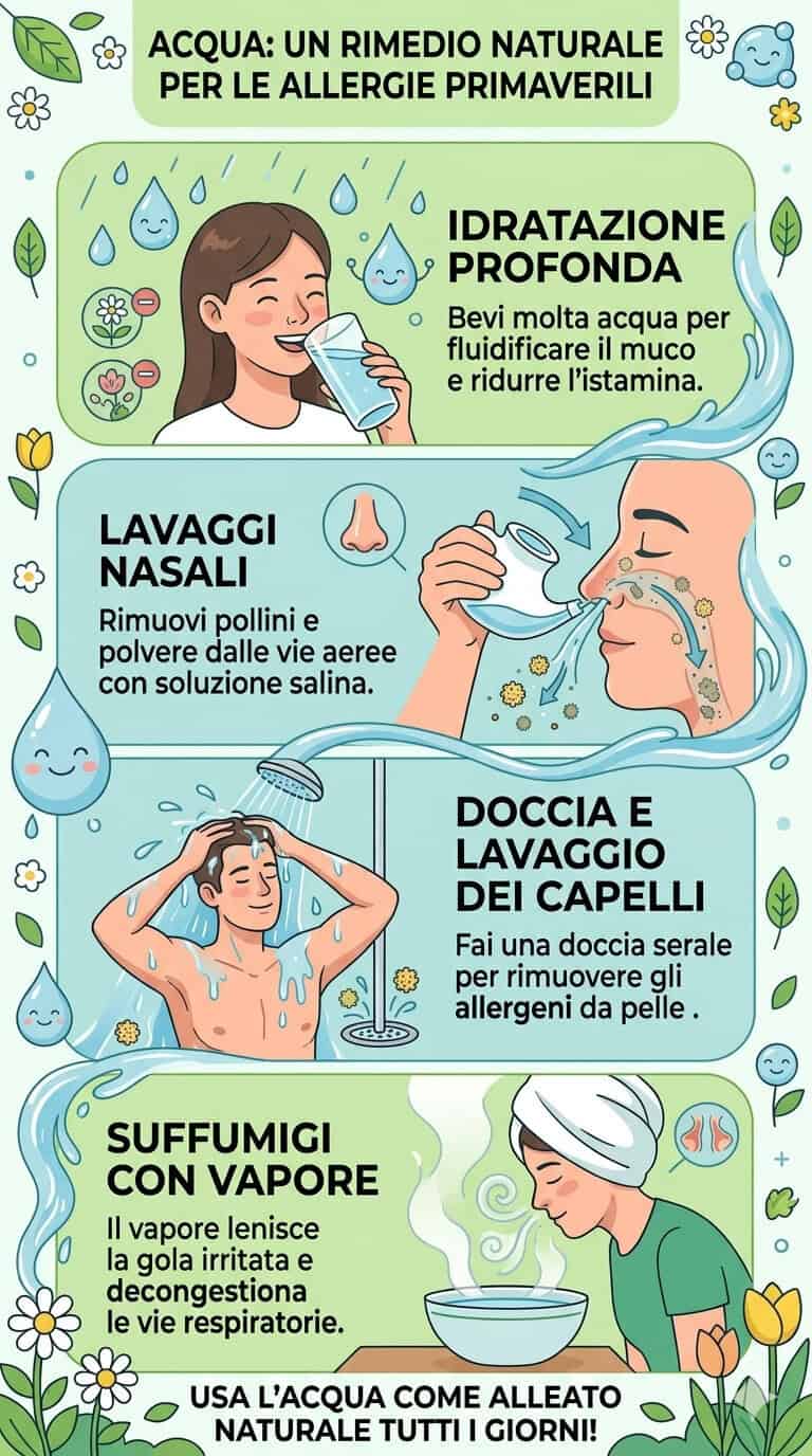 Allergie e acqua: Infografica con rimedi naturali per le allergie primaverili, tra cui idratazione profonda, lavaggi nasali, docce e vapori, e uso dell'acqua come alleato quotidiano.