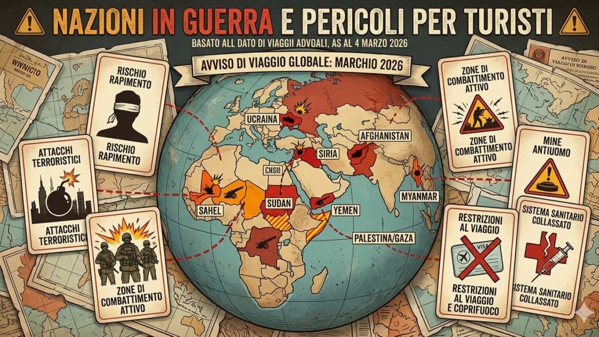 Mappa del mondo con zone di conflitto attivo e rischi per i turisti, evidenziando aree di guerra in Ucraina, Siria, Sudan e altri paesi, con avvisi di pericolo e restrizioni di viaggio.