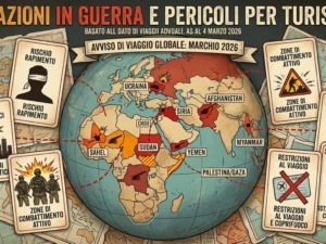 Mappa del mondo con zone di conflitto attivo e rischi per i turisti, evidenziando aree di guerra in Ucraina, Siria, Sudan e altri paesi, con avvisi di pericolo e restrizioni di viaggio.