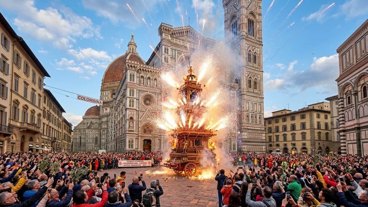 Rappresentazione della tradizionale festa del Calcio Storico a Firenze con un grande corteo e fuochi d'artificio in Piazza del Duomo, circondata da turisti e cittadini.