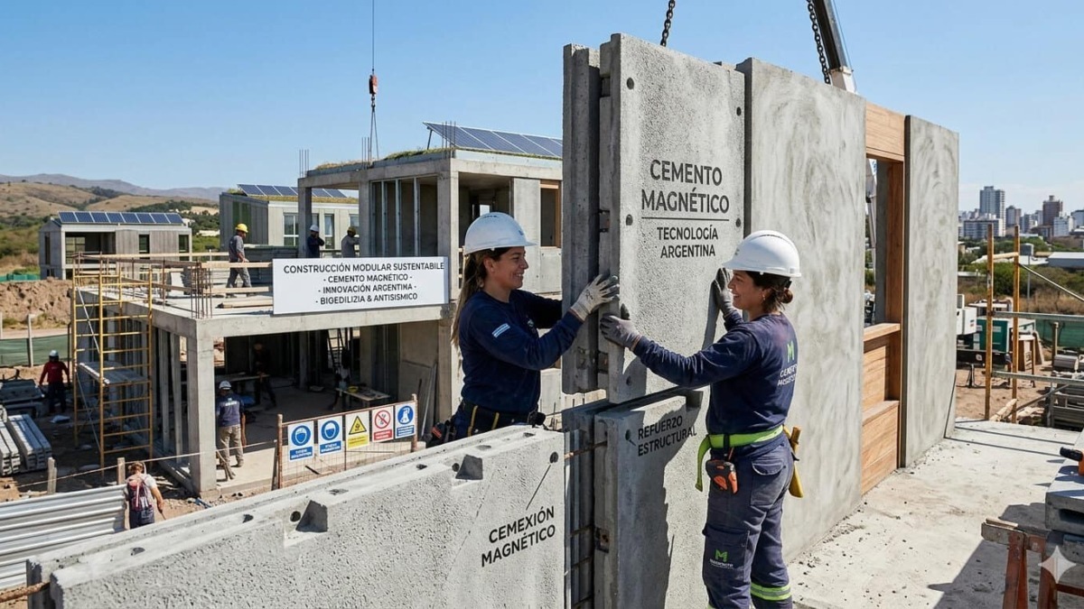 Operai che installano pannelli di cemento magnetico in un cantiere edilizio moderno.