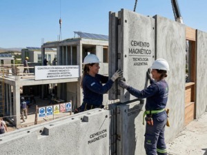 Operai che installano pannelli di cemento magnetico in un cantiere edilizio moderno.