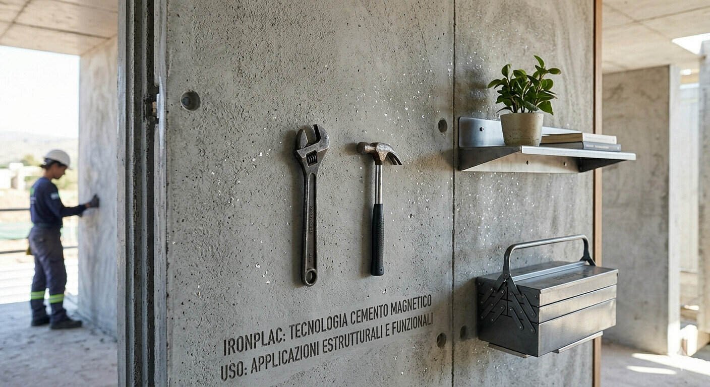 Cemento Magnetico Argentino: Ironplac 3 Immagine di un muro in cantiere con attrezzi come chiave e martello appesi, scaffale con piante e materiali, evidenziando tecnologie di costruzione e applicazioni strutturali.