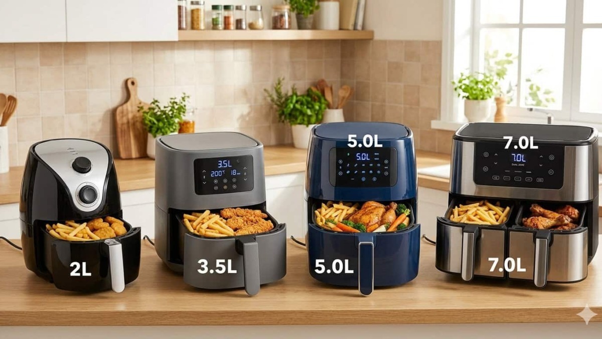 Friggitrice ad aria per famiglie di varie capacità: 2L, 3.5L, 5L, 7L, ideali per cucinare in modo sano e veloce.