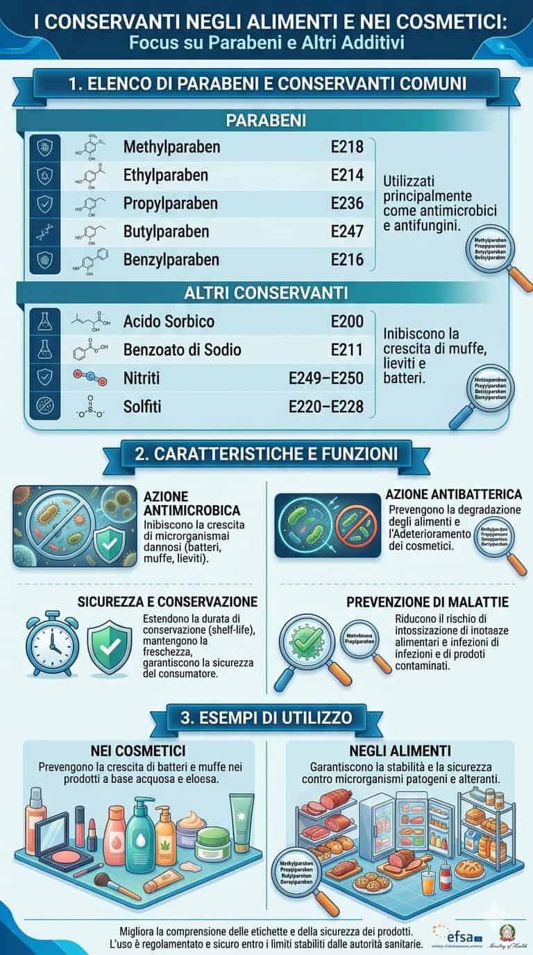Methylparaben, E218, usato come conservante nei cosmetici e alimenti, con potenziali rischi per la salute.
