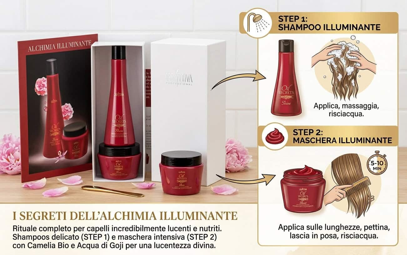 Prodotti per capelli illuminanti, shampoo e maschera intensiva, ideali per capelli lucenti e nutriti, con ingredienti naturali come Camelia Bio e Acqua di Goji.