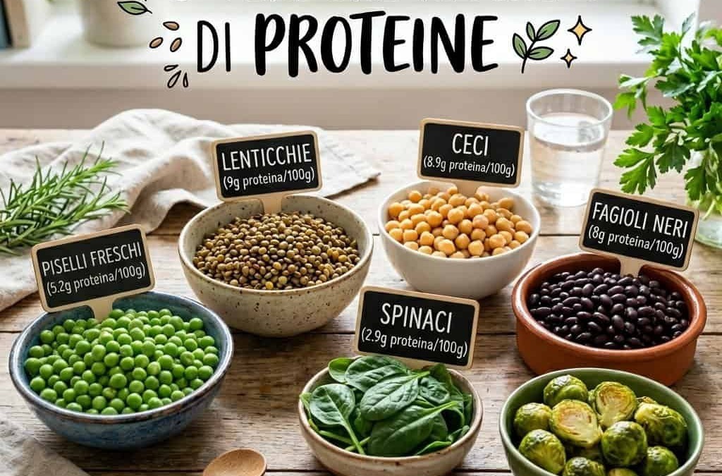 Varie verdure ricche di proteine come lenticchie, ceci, piselli, spinaci, fagioli neri e cavoletti di Bruxelles, ideali per aumentare l'apporto proteico nella tua alimentazione quotidiana.