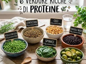 Varie verdure ricche di proteine come lenticchie, ceci, piselli, spinaci, fagioli neri e cavoletti di Bruxelles, ideali per aumentare l'apporto proteico nella tua alimentazione quotidiana.