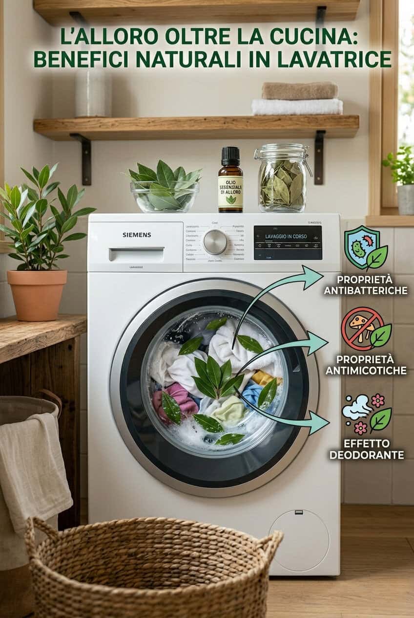 Proprietà dell'alloro che lo rendono perfetto in lavatrice . foglie di alloro dentro cestello lavatrice per bucato naturale eco-friendly