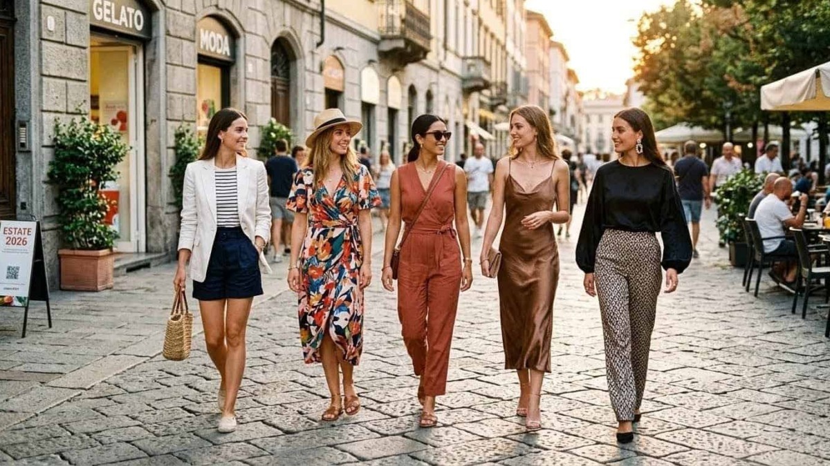 Passeggiate di donne in centro città durante il tramonto, in abiti eleganti e casual, in un'atmosfera vivace e accogliente.