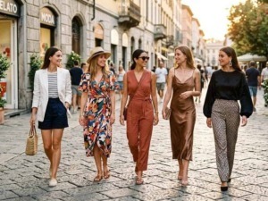 Passeggiate di donne in centro città durante il tramonto, in abiti eleganti e casual, in un'atmosfera vivace e accogliente.