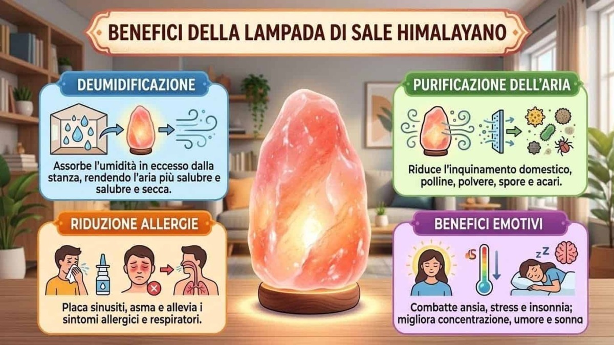 Lampada di sale Himalayano che mostra i benefici di purificazione dell'aria, riduzione delle allergie e benefici emotivi, ideale per migliorare l'ambiente domestico.