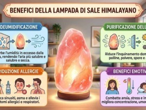 Lampada di sale Himalayano che mostra i benefici di purificazione dell'aria, riduzione delle allergie e benefici emotivi, ideale per migliorare l'ambiente domestico.