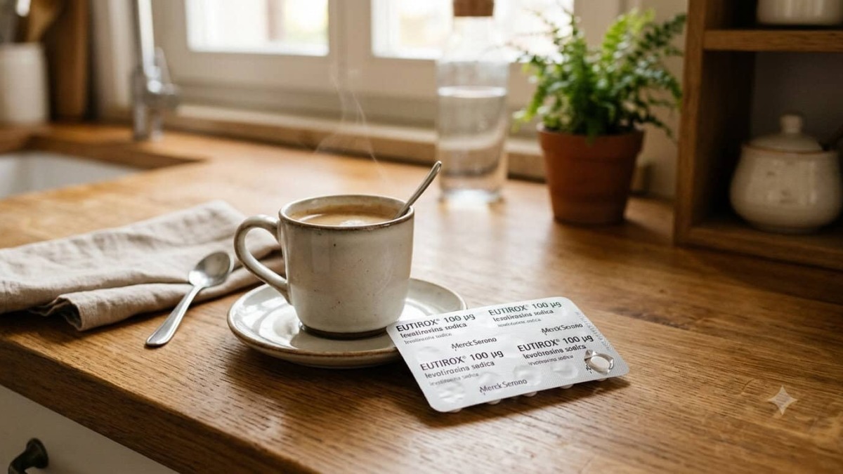 Tazza di caffè caldo e compresse di levotiroxina sul tavolo, evidenziando l'interazione tra caffè e farmaci per la tiroide.