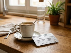 Tazza di caffè caldo e compresse di levotiroxina sul tavolo, evidenziando l'interazione tra caffè e farmaci per la tiroide.