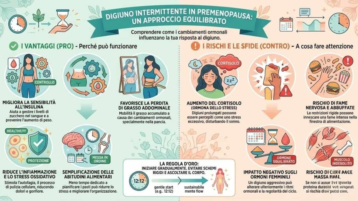 Infografica sul digiuno intermittente in premenopausa, evidenziando vantaggi, rischi e regole per un approccio equilibrato.