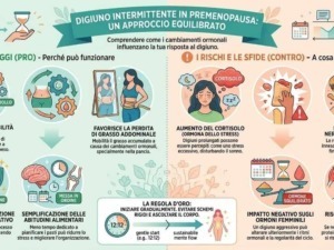 Infografica sul digiuno intermittente in premenopausa, evidenziando vantaggi, rischi e regole per un approccio equilibrato.