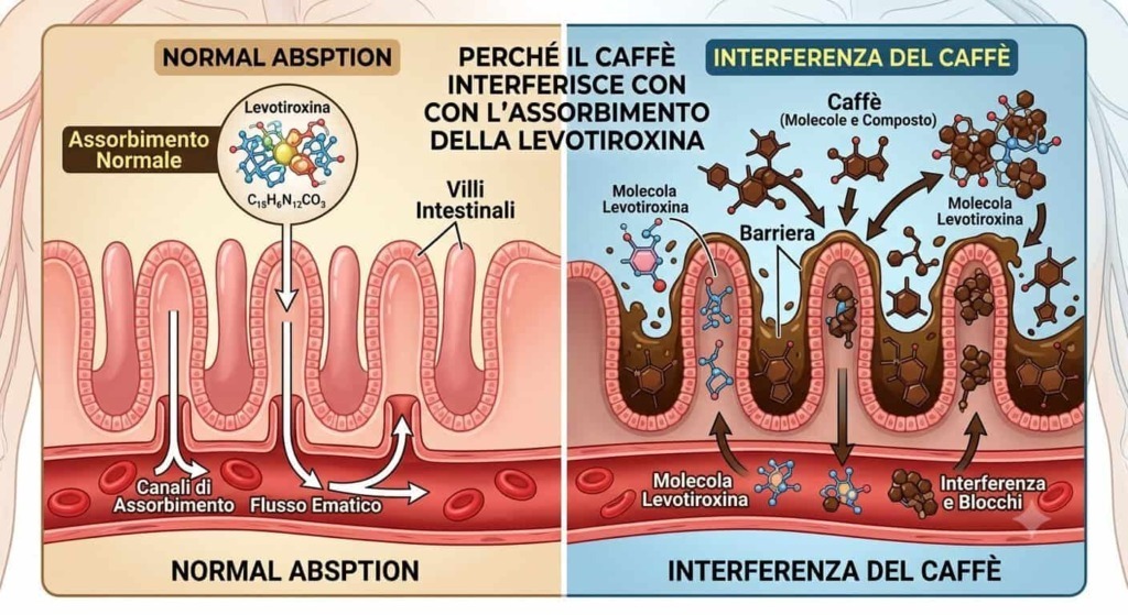 Diagramma che mostra come il caffè interferisce con l'assorbimento della levotiroxina nel tratto intestinale, bloccando i canali di assorbimento.