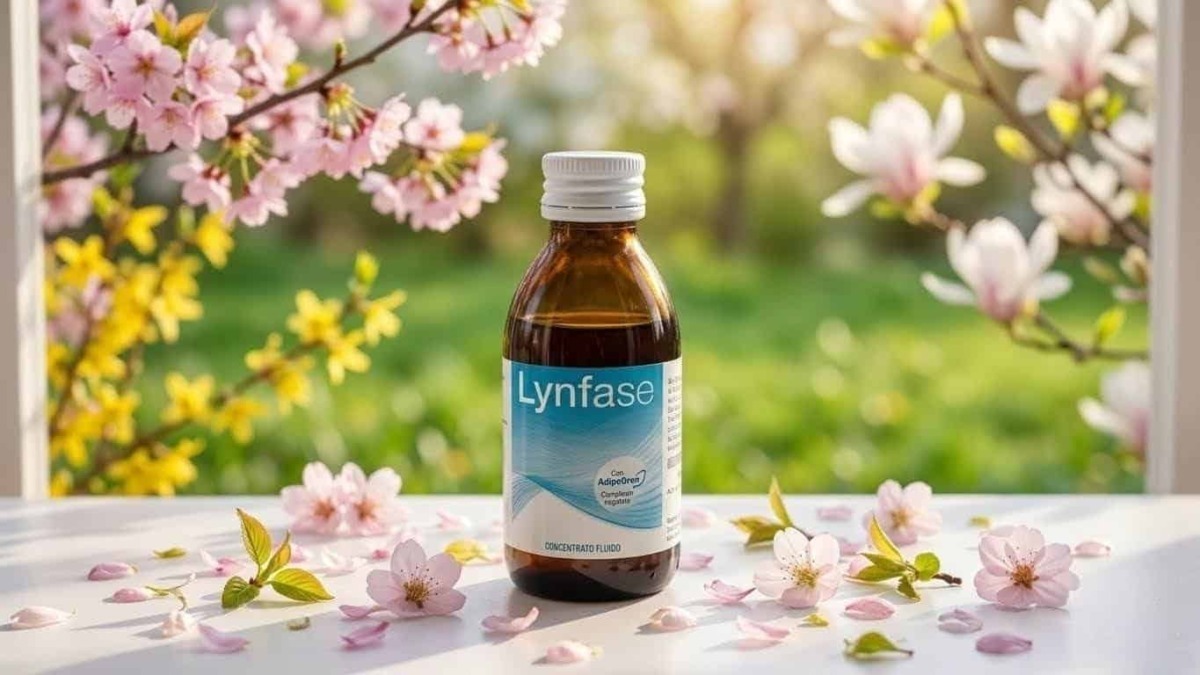 Bottiglia di Lynfase, integratore naturale contro la ritenzione idrica, circondata da fiori di ciliegio e fiori gialli in un ambiente primaverile.