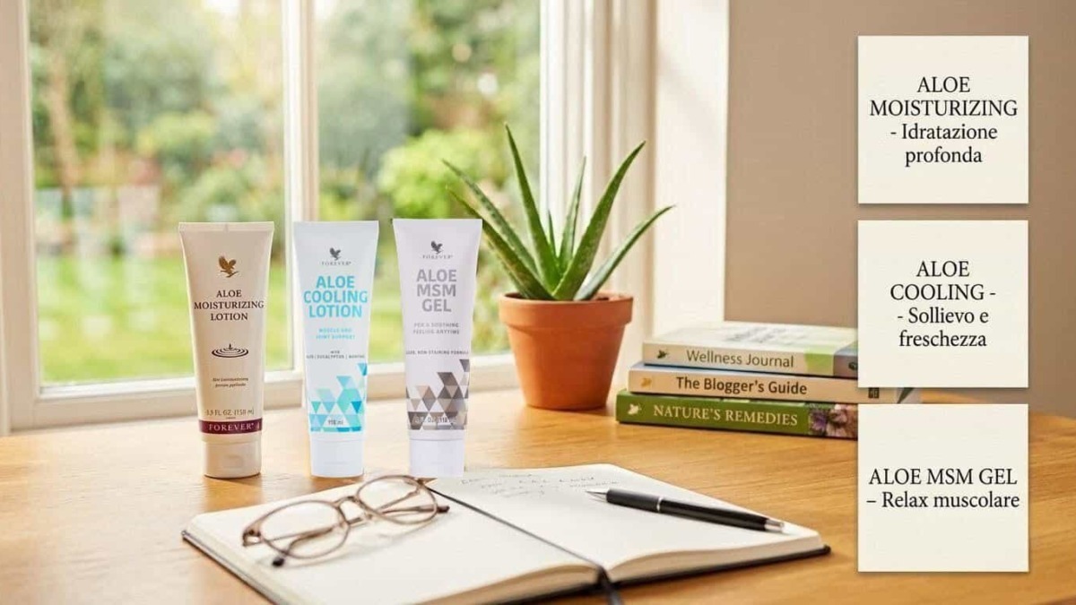 Trio di prodotti Aloe Vera: MSM Gel, Lozione Rinfrescante e Idratante, in un ambiente naturale con piante e libri.