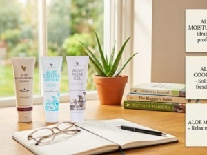 Trio di prodotti Aloe Vera: MSM Gel, Lozione Rinfrescante e Idratante, in un ambiente naturale con piante e libri.