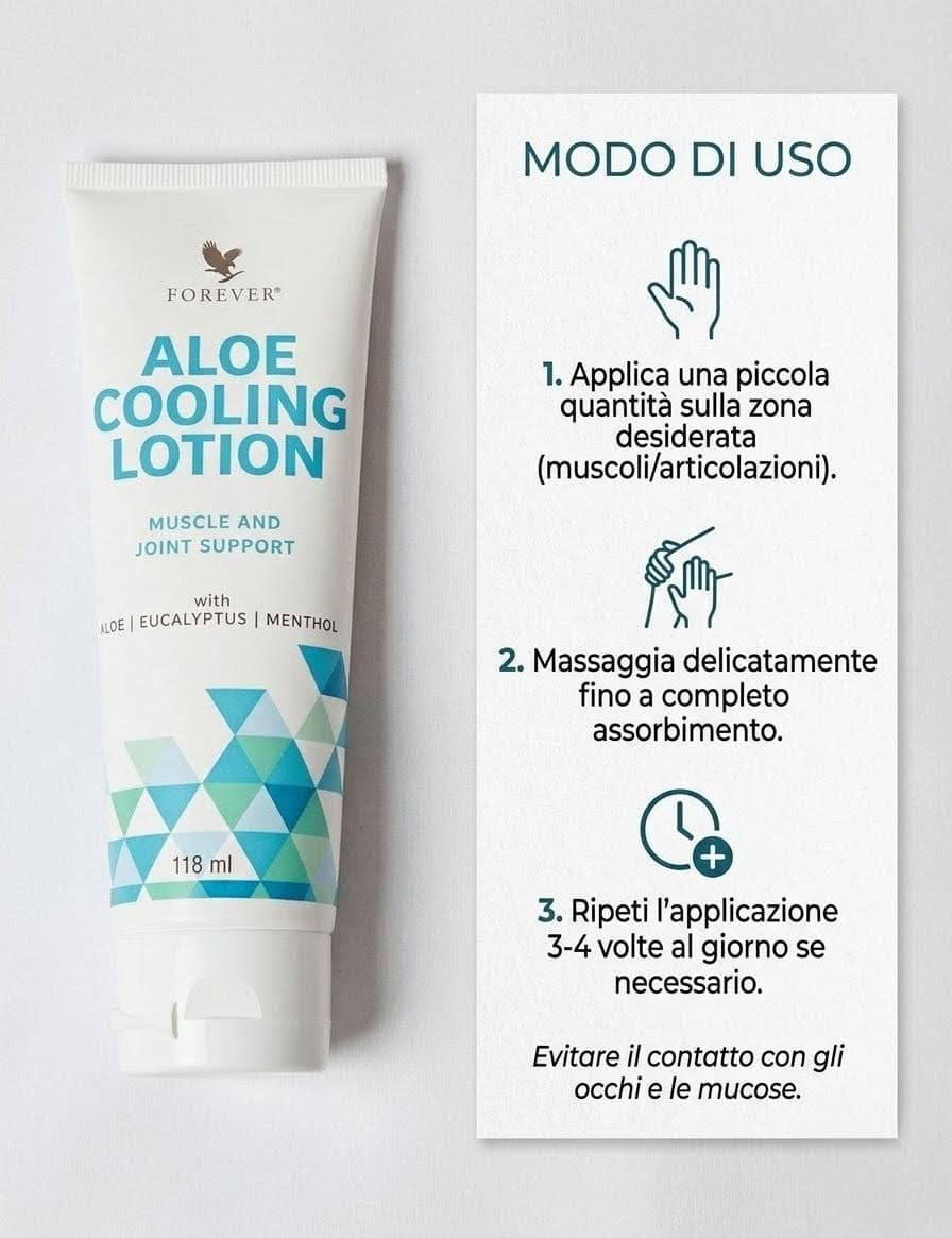 Gel Aloe Vera Cooling e Idratante per sollievo muscolare e idratazione della pelle, con istruzioni d'uso chiare e semplici.