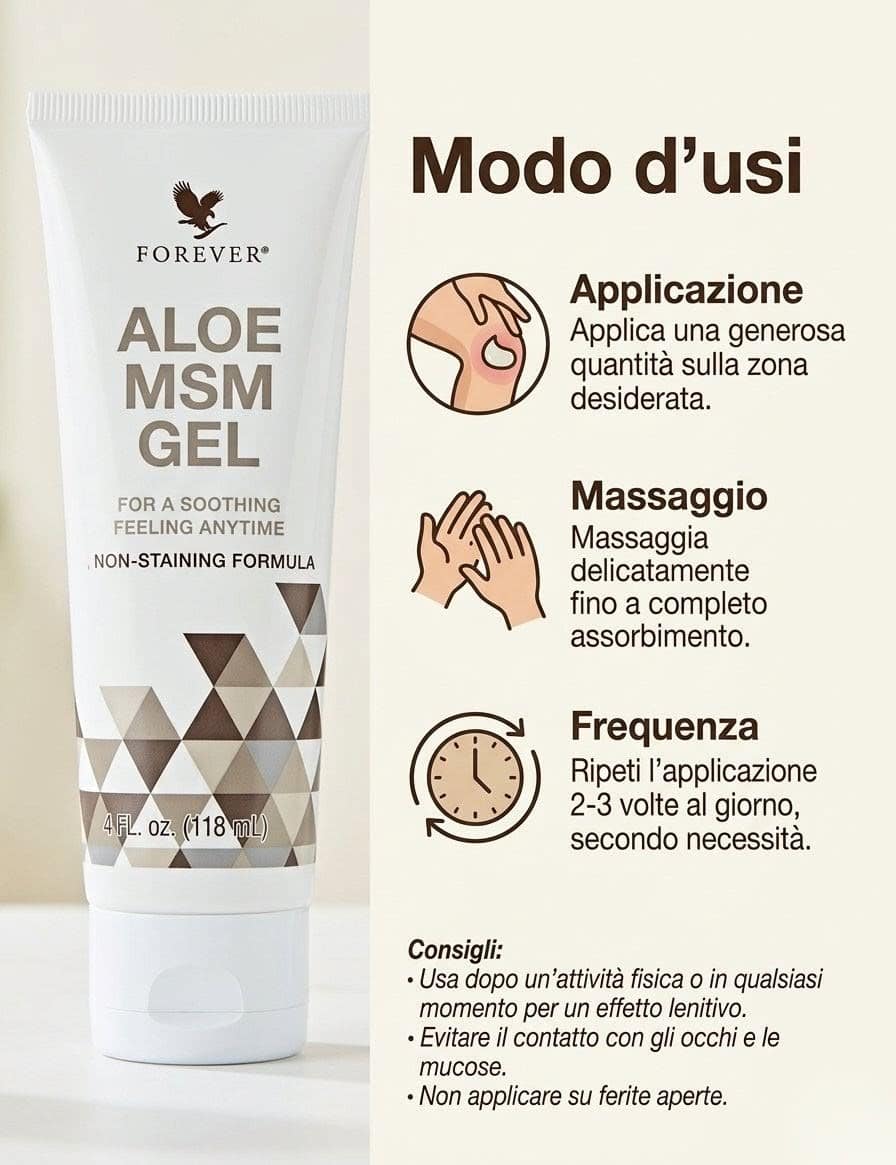Gel Aloe Vera MSM Forever per idratazione e sollievo della pelle, con istruzioni d'uso chiare e semplici.