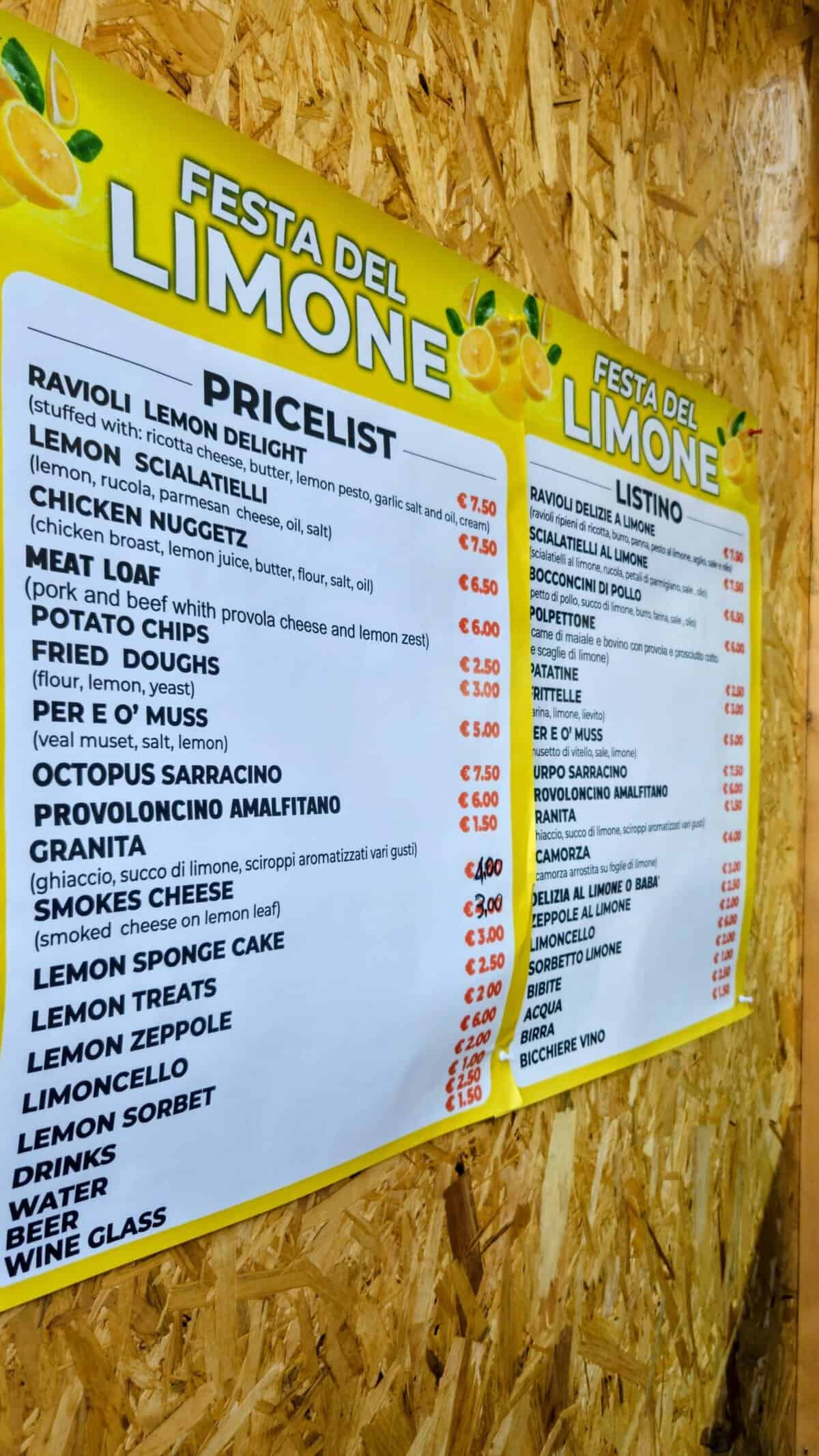 Menù Festa del Limone con piatti come ravioli, pollo, e dolci, in un evento dedicato al limone, con prezzi e descrizioni.