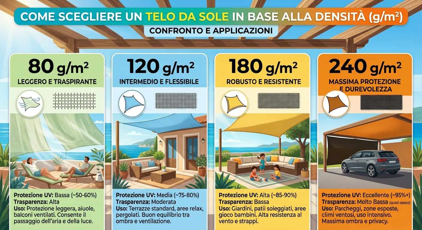 Guida alla scelta del telo da sole in base alla densità, con esempi di utilizzo e caratteristiche di diversi tipi di tessuto.