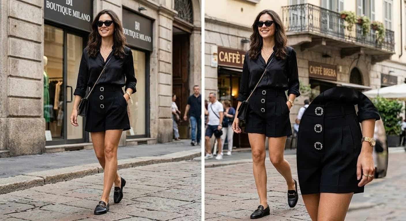 Short sartoriale nero vita alta con bottoni gioiello dorati total black estate 2026