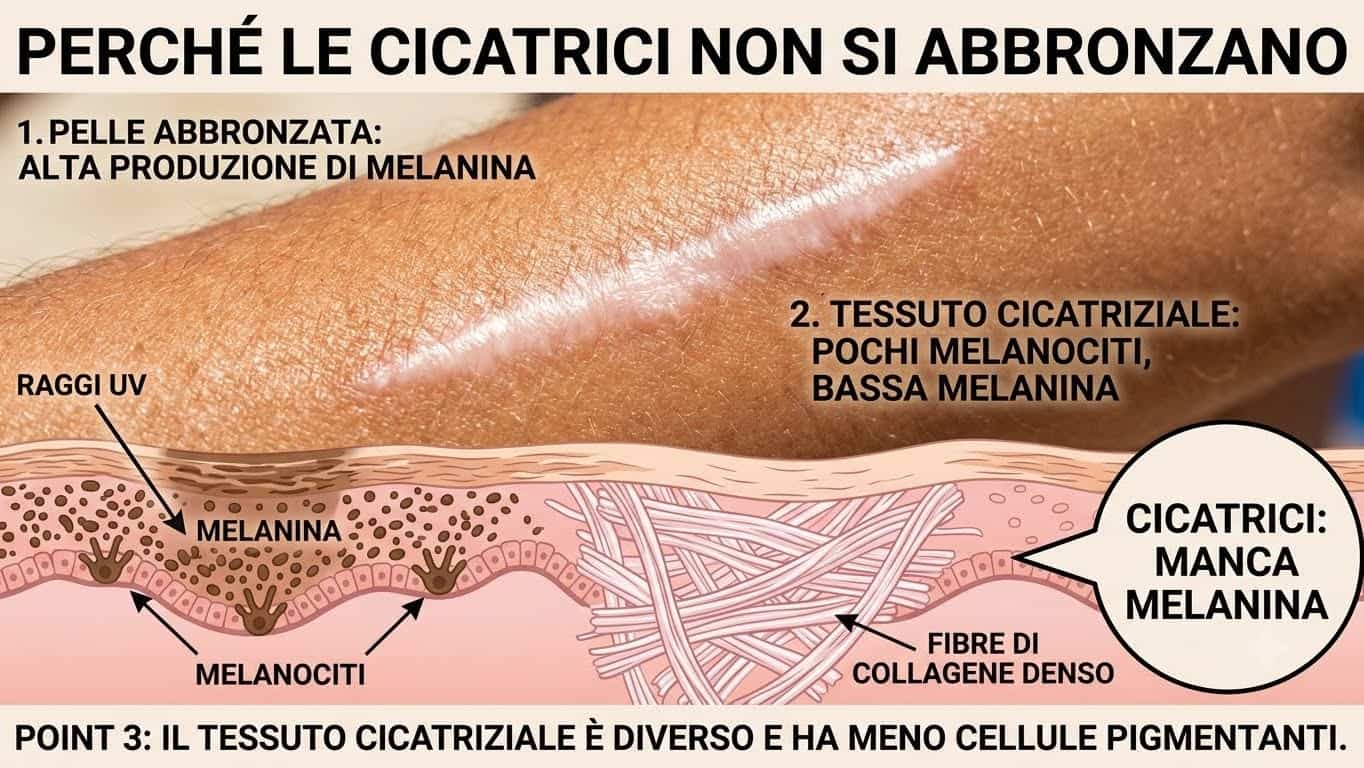 Perché le Cicatrici non si abbronzano e non ricrescono i peli. Diagramma che mostra come la pelle abbronzata e il tessuto cicatriziale influenzano le cicatrici e la produzione di melanina.