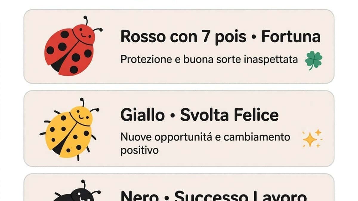 Immagine che illustra il significato delle coccinelle con messaggi spirituali e colori, simboli di fortuna, protezione e cambiamento positivo.