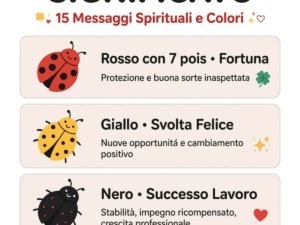 Immagine che illustra il significato delle coccinelle con messaggi spirituali e colori, simboli di fortuna, protezione e cambiamento positivo.