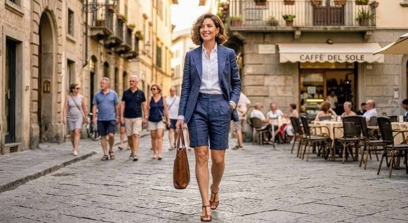 Bermuda donna sartoriale blu spina di pesce con blazer coordinato outfit ufficio estate 2026