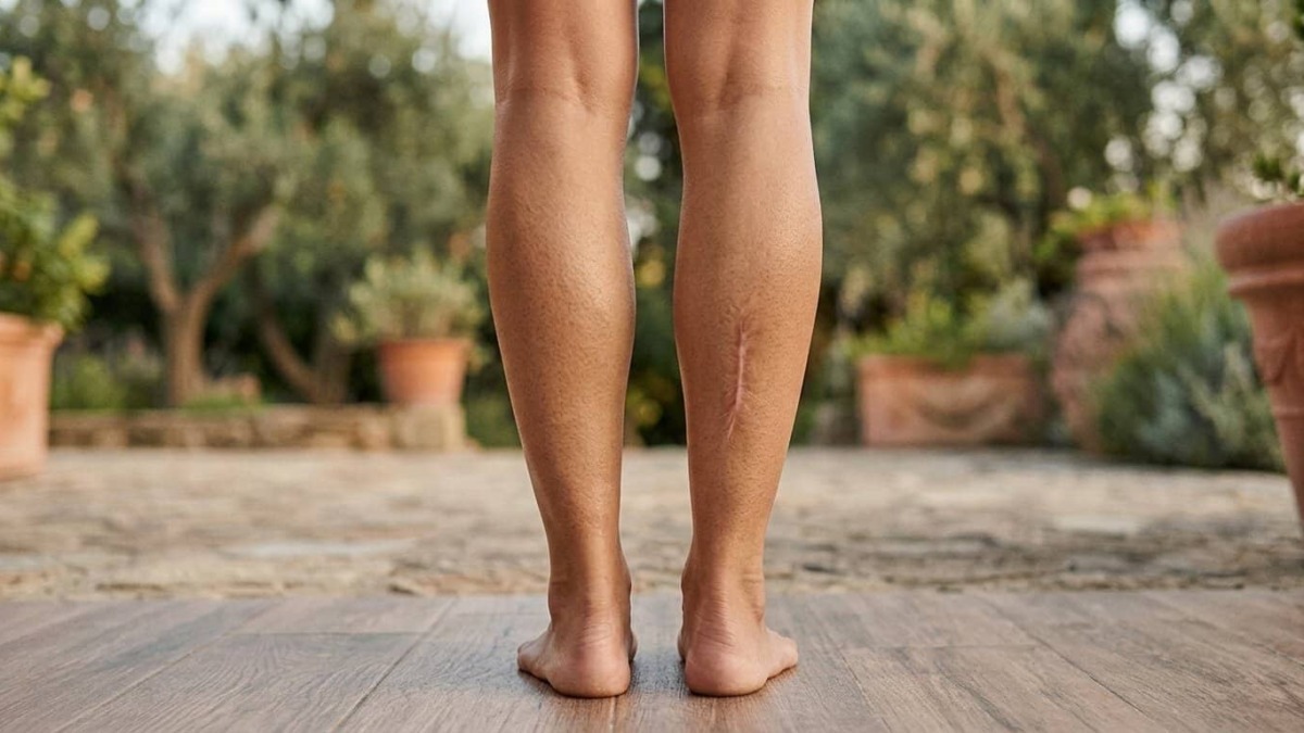 Piedi nudi di una persona su un pavimento in legno, con piante e vasi in terracotta sullo sfondo, in un ambiente esterno tranquillo e naturale.