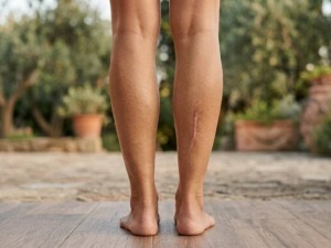 Piedi nudi di una persona su un pavimento in legno, con piante e vasi in terracotta sullo sfondo, in un ambiente esterno tranquillo e naturale.