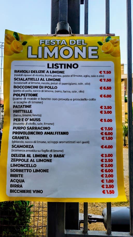 Menù Festa del Limone con piatti a base di limone e prezzi vari, tra cui ravioli, scialatielli, bocconcini, polpettine, patatine, fritto misto, grigliate, e bevande.
