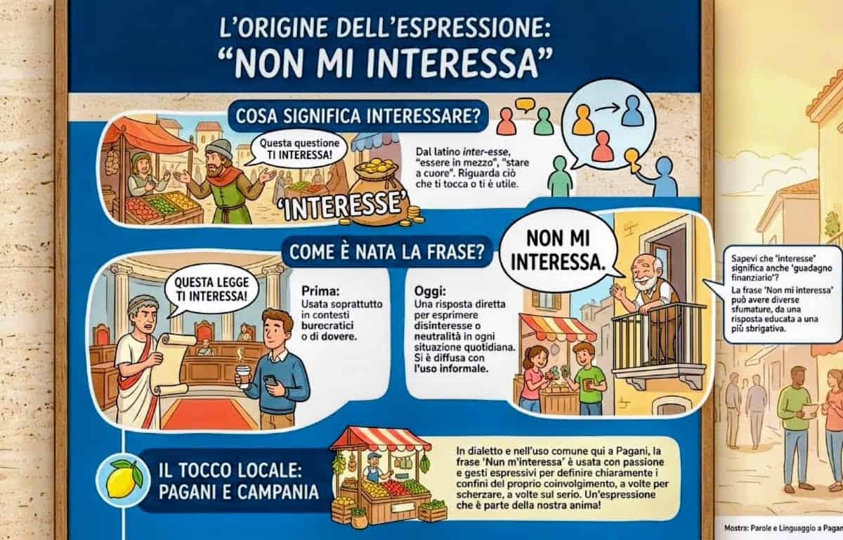 Non mi interessa significato: origine dell'espressione italiana. Infografica che spiega l'origine e il significato dell'espressione italiana 'Non mi interessa' con esempi storici e culturali.