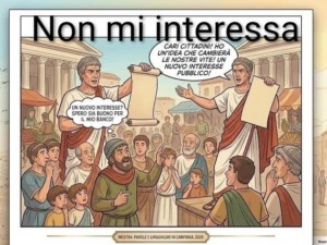Rappresentazione di un dibattito pubblico con cittadini e oratori nell'antica città, evidenziando il confronto e la partecipazione civica.
