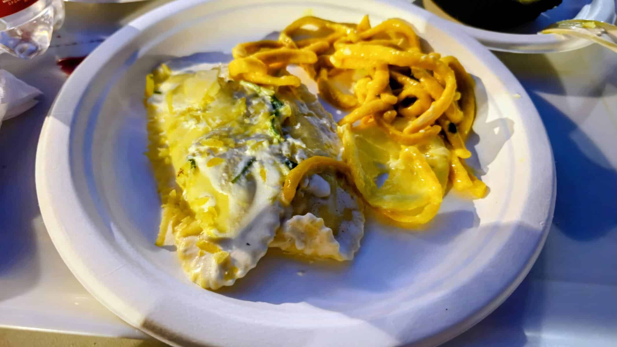 Piatti di pasta e lasagna con formaggio e condimenti, presentati su un piatto bianco.
