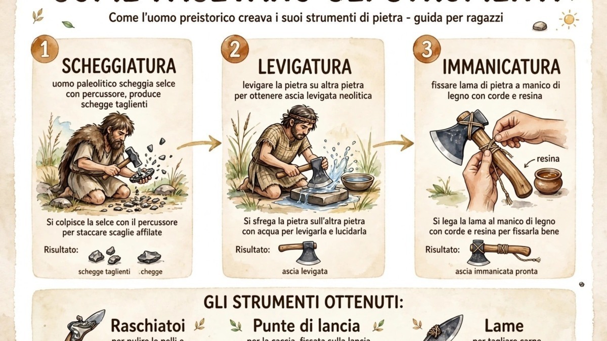 uomini preistorici che realizzano strumenti di pietra