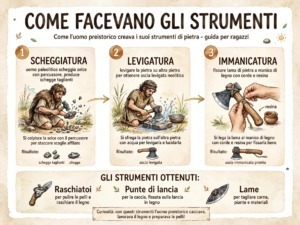 uomini preistorici che realizzano strumenti di pietra