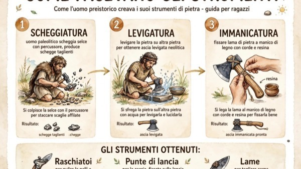 Uomini preistorici: come vivevano, cacciavano e si vestivano 3 uomini preistorici che realizzano strumenti di pietra