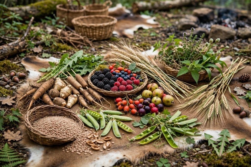 Cibo nella Preistoria frutti radici piante selvatiche cereali e legumi raccolti