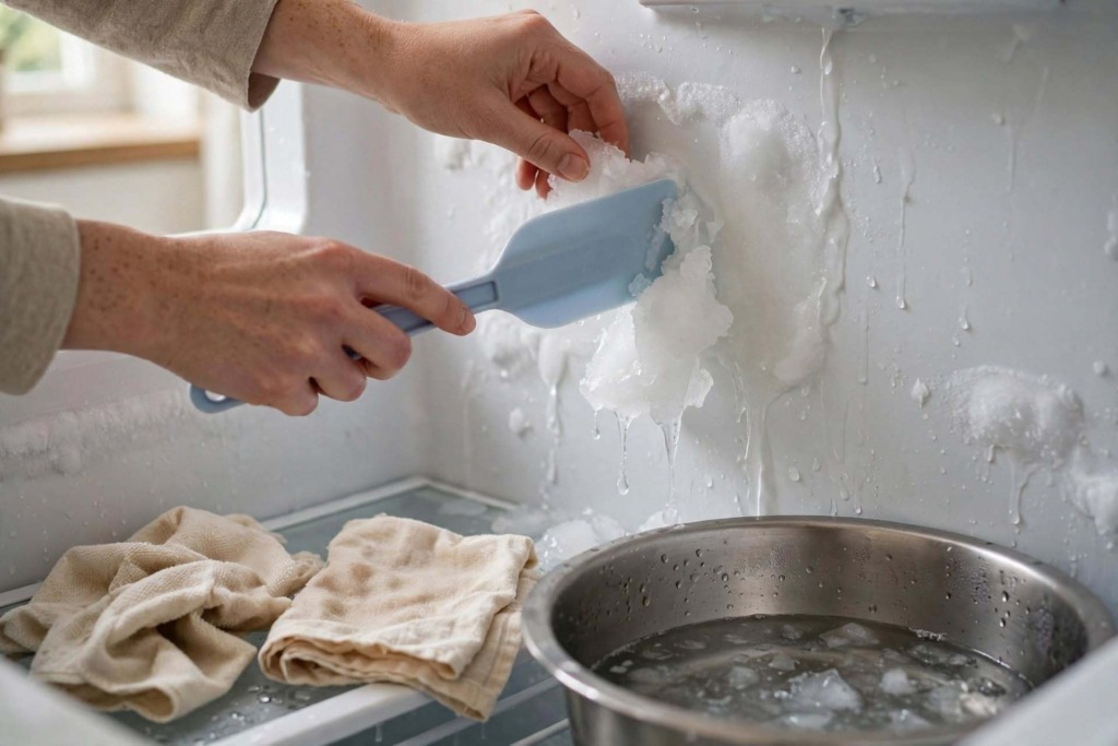 Rimuovere il ghiaccio dal congelatore con una spatola di plastica