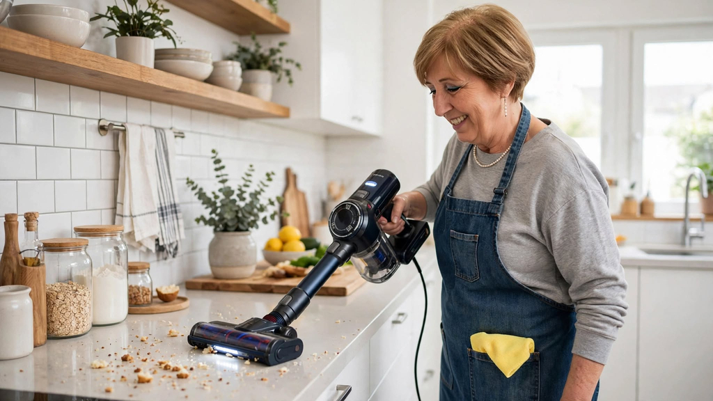 Donna che usa scopa elettrica per pulizie rapide in cucina
