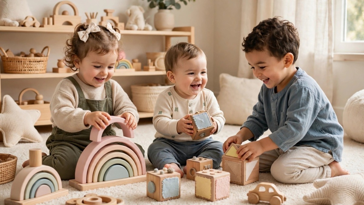 Tre bambini piccoli sorridenti sul tappeto chiaro giocano con giocattoli Montessori in legno naturale, arcobaleno impilabile rosa e cubi sensoriali