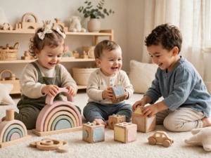 Tre bambini piccoli sorridenti sul tappeto chiaro giocano con giocattoli Montessori in legno naturale, arcobaleno impilabile rosa e cubi sensoriali