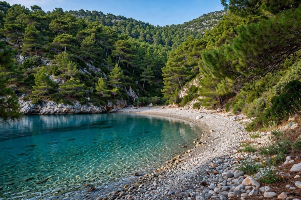 baia nascosta di Alonissos, zero beach club, solo natura.